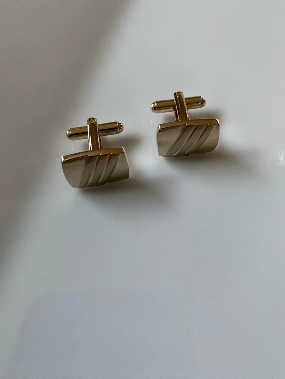 3 sets of Cuff Links. Gold tone, Dante Watermelon & Swank Mother of Pearl